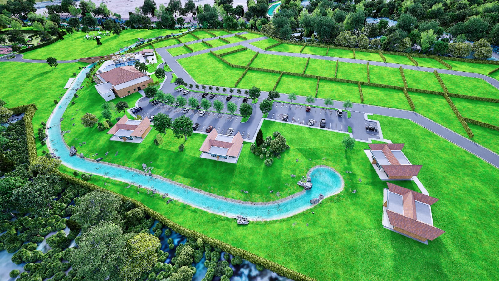 Render aéreo: río, casa club y área social integrados